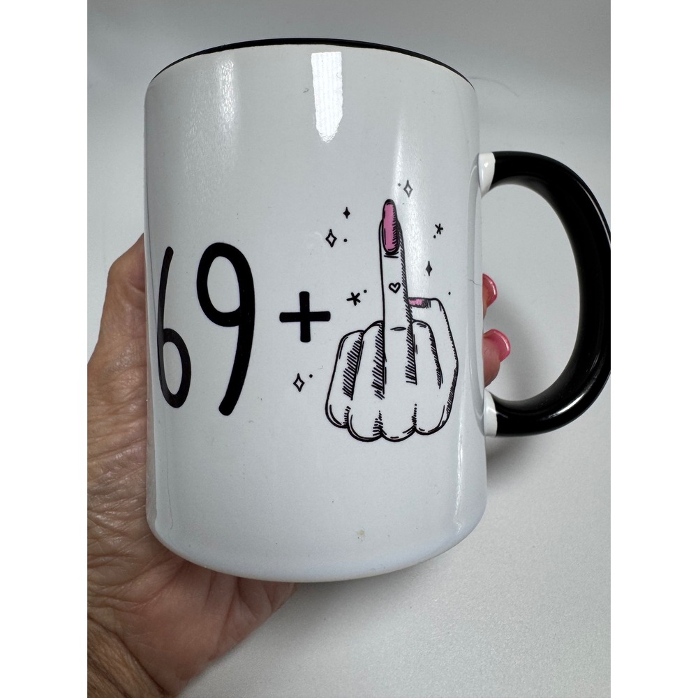 Funny 70th Birthday Mug 69 Middle Finger Sassy Gag Gift Black White Ceramic Cup